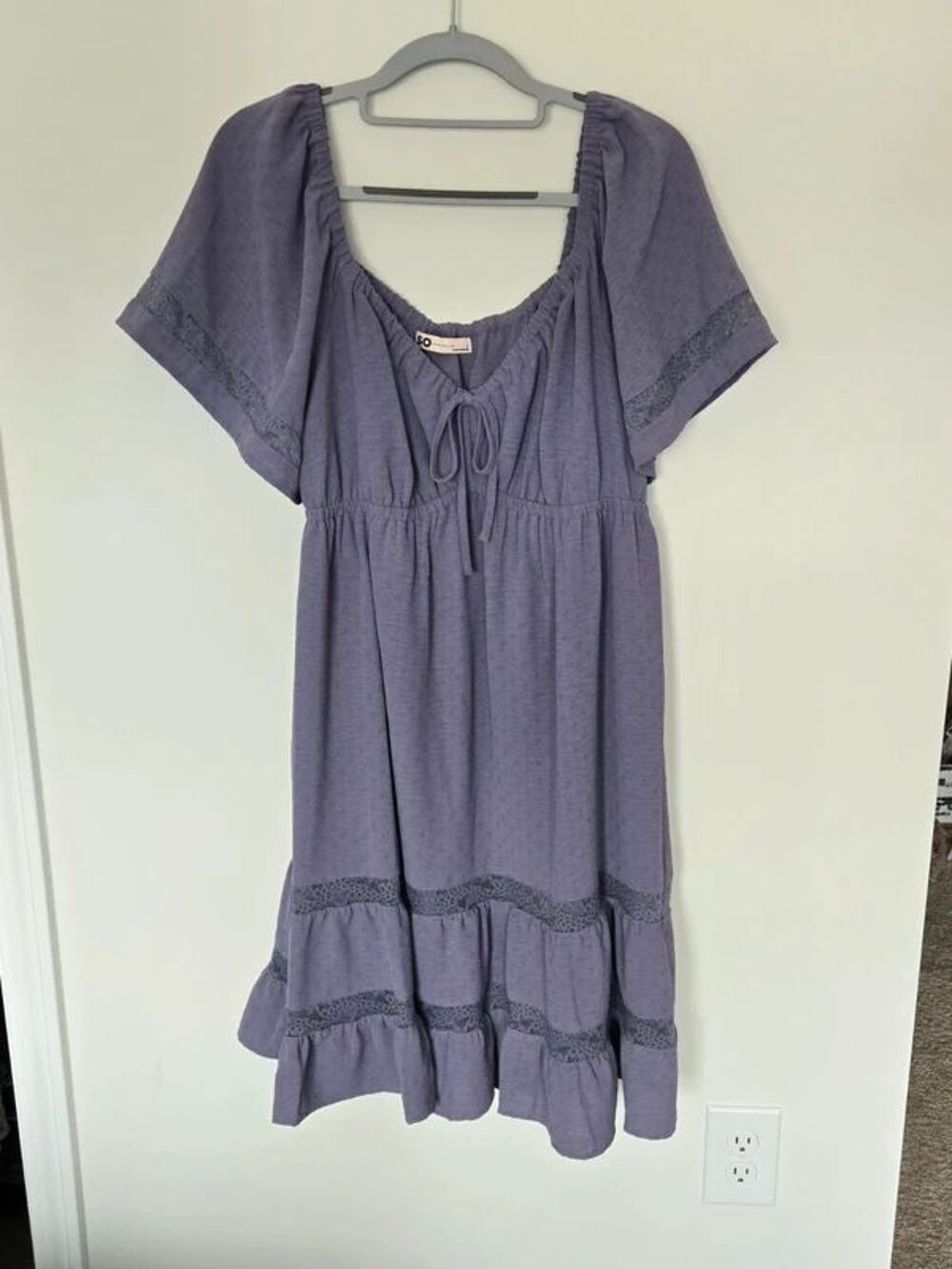 SO Purple Boho Dress Large Lace Trim Tiered Ruffle Short Sleeve Romantic Sz L